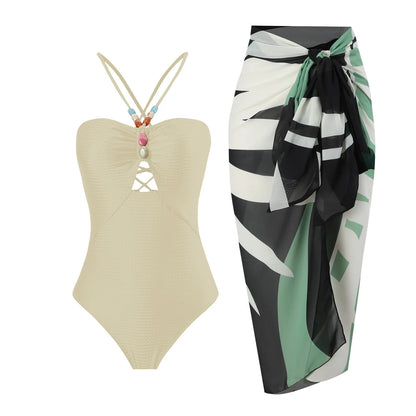 Sexy Bikini Set Women Luxury Beading Swimwear Hollow Out Swimsuit Two-pieces Halter Beachwear Bathing Suit With Cover up Skirt