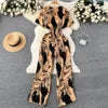 ANSZKTN Women's Summer Pant Set Short Sleeved Lattice Shirt Loose Wide-leg Trousers Printed High Waist Suit Jumpsuit