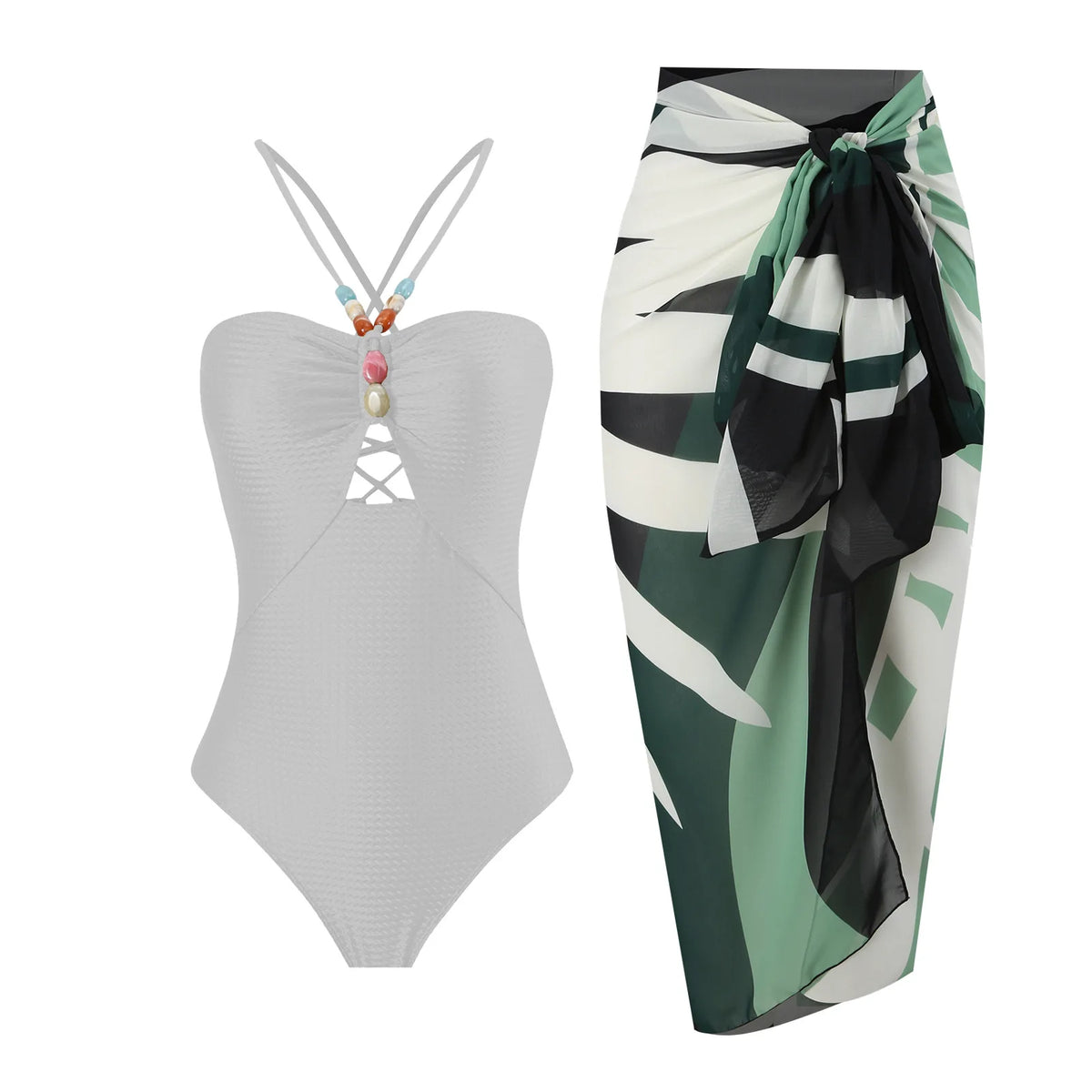 Sexy Bikini Set Women Luxury Beading Swimwear Hollow Out Swimsuit Two-pieces Halter Beachwear Bathing Suit With Cover up Skirt
