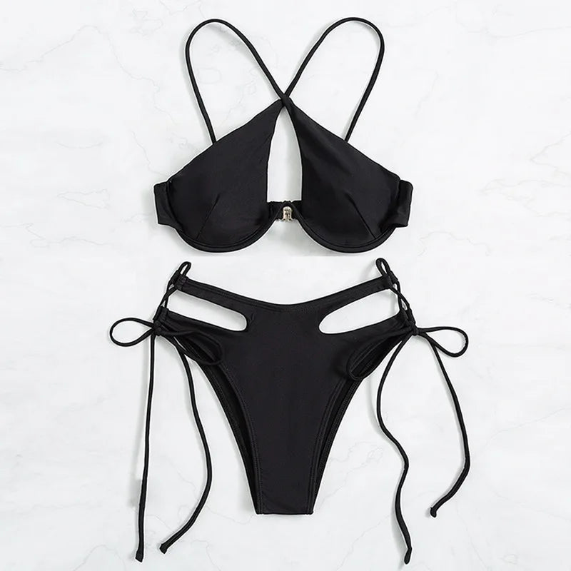 2023 Fashion Neckholder-Bikini schwarz hohler Bikini-Badeanzug zweiteiliger Bikini-Badeanzug sexy Mädchen-Bademode