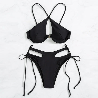 2023 Fashion Neckholder-Bikini schwarz hohler Bikini-Badeanzug zweiteiliger Bikini-Badeanzug sexy Mädchen-Bademode