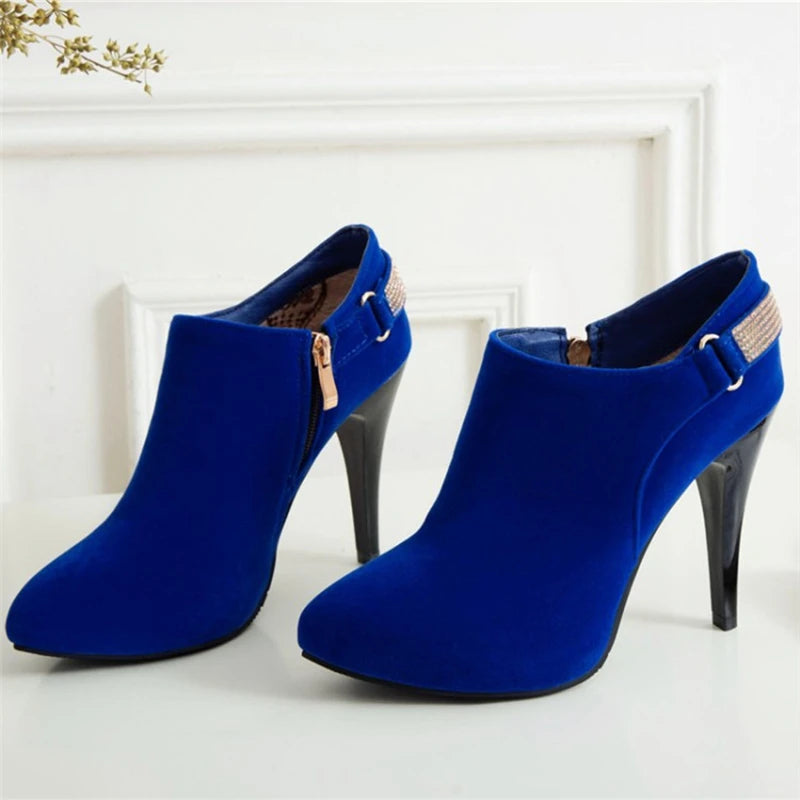 REAVE CAT Ankle Boots Pointed Toe Shoes women Sale Thin Heels Flock Suede Leather Rhinestone Big Size 31-50 Weeding Blue Black