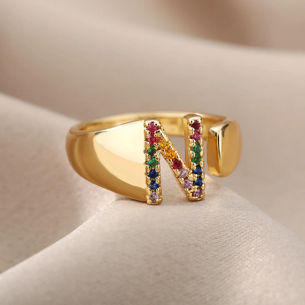 Anelli con lettera zircone arcobaleno per le donne Moda grosso lettera larga AZ anello in acciaio inossidabile matrimonio gioielli Boho spedizione gratuita