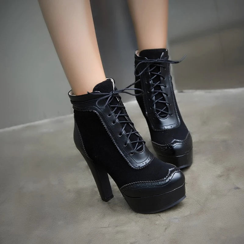 REAVE CAT Ankle Boots Lace Up Flock Platforms Round Toe Block Heel Short Plush Black Yellow Grey A4506