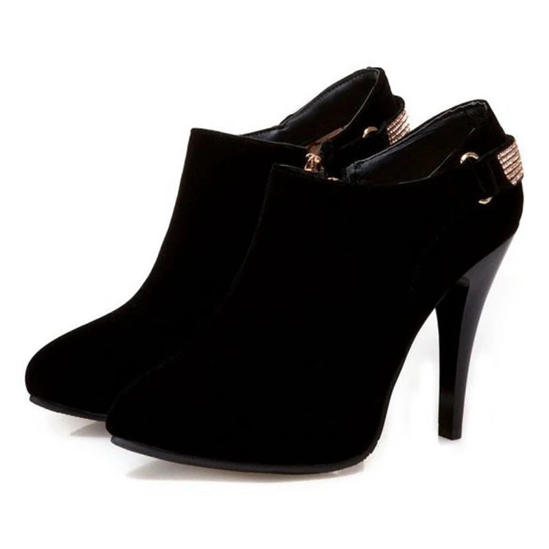 REAVE CAT Ankle Boots Pointed Toe Shoes women Sale Thin Heels Flock Suede Leather Rhinestone Big Size 31-50 Weeding Blue Black