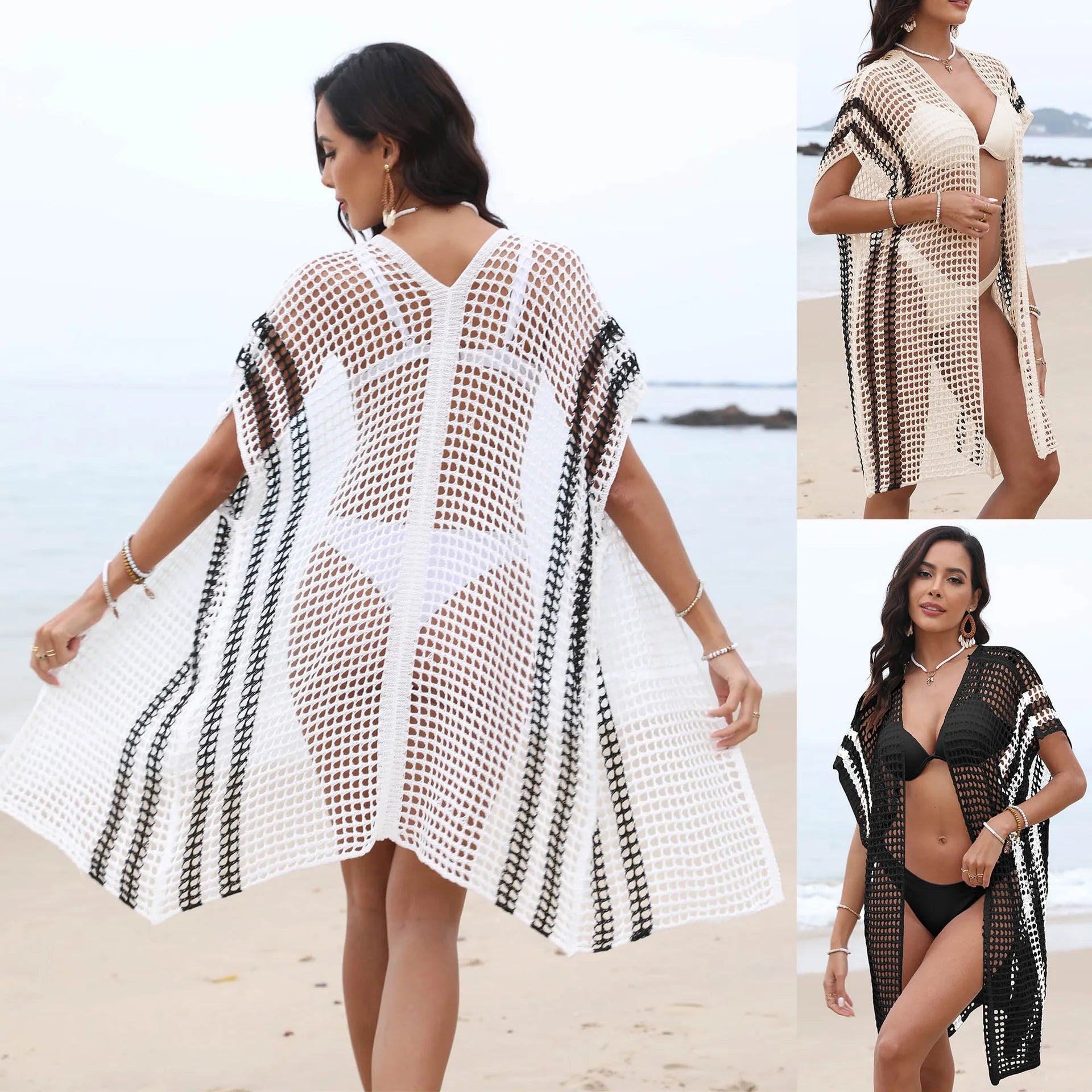 Women's Fashion Color Blocking Cover up Woven Bikini V-neck Striped A-line Cover-up 100% Polyester Breathable Beach Dress 2025