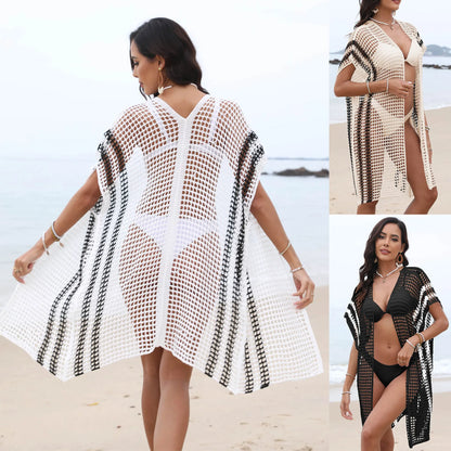 Women's Fashion Color Blocking Cover up Woven Bikini V-neck Striped A-line Cover-up 100% Polyester Breathable Beach Dress 2025