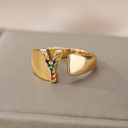 Anelli con lettera zircone arcobaleno per le donne Moda grosso lettera larga AZ anello in acciaio inossidabile matrimonio gioielli Boho spedizione gratuita