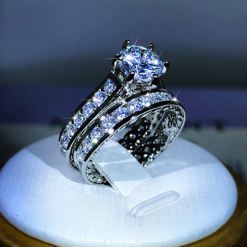 Bagues de fiançailles de luxe en argent 925 pour femmes, 2 pièces/ensemble, zircon brillant, design original, bicolore, élégant, bijoux féminins, anneaux, livraison directe