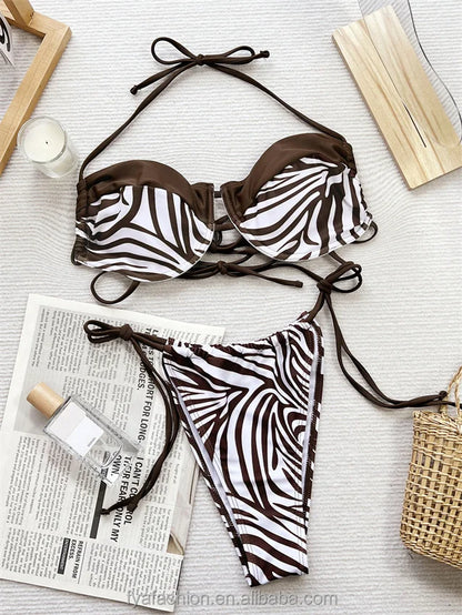 Two Piece Sexy Underwire Push up Bikini Zebra Casual Swimwear Girls Luxury Beachwear