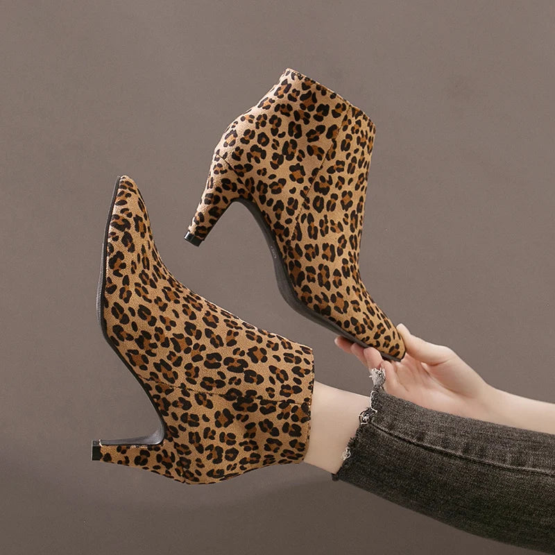 LazySeal 2025 New Luxury Leopard Women Boots Leather Winter Casual Shoes Hoof Heels Zip Pointed Toe Ankle Boots Big Size 43