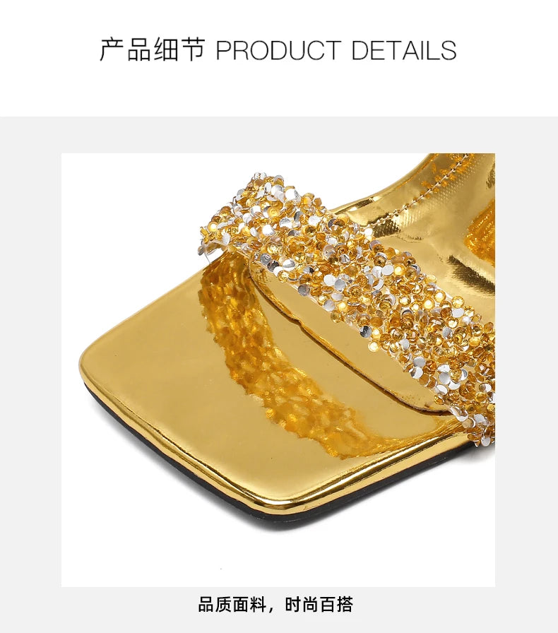 Strass Sandalen Gold Geformter Absatz Pantoffeln Damen Silber Party Kleid Mules 2025 Sommer High Heels