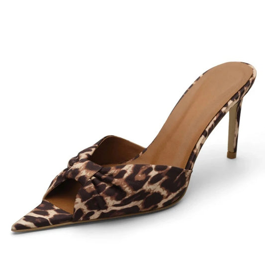 Wide Fit Size 45 Pumps Summer Women Satin Bow Knotted Shoes High Slim Heels Dress Sandals Outdoor Leopard Party Mules
