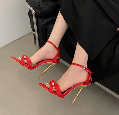 Lady's Fashion Trend Stiletto Ankle Buckles Heels 11CM Leopard Metal Heel Sandals with Open Toe Summer Straight Strap Shoes