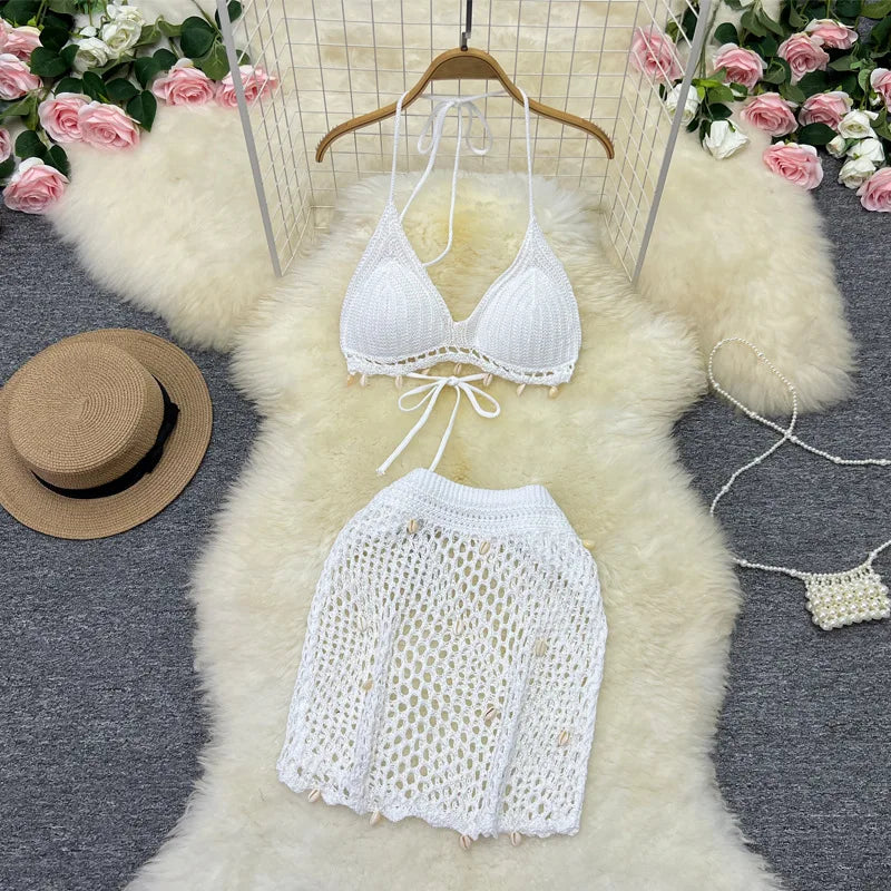 Damen Sommer Bademode Strand Sonnenbaden Muschel Bikini Set Stilvolle einfarbige Neckholder Hohler Strickrock
