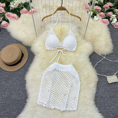 Damen Sommer Bademode Strand Sonnenbaden Muschel Bikini Set Stilvolle einfarbige Neckholder Hohler Strickrock