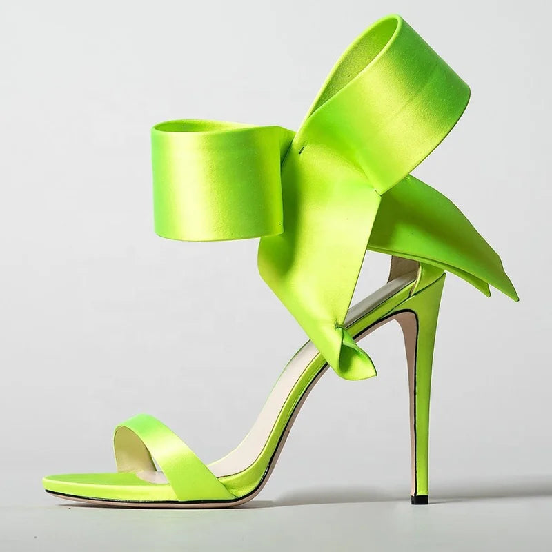 Sandales à talon aiguille en satin avec grand nœud, pour femme, chaussures 2021