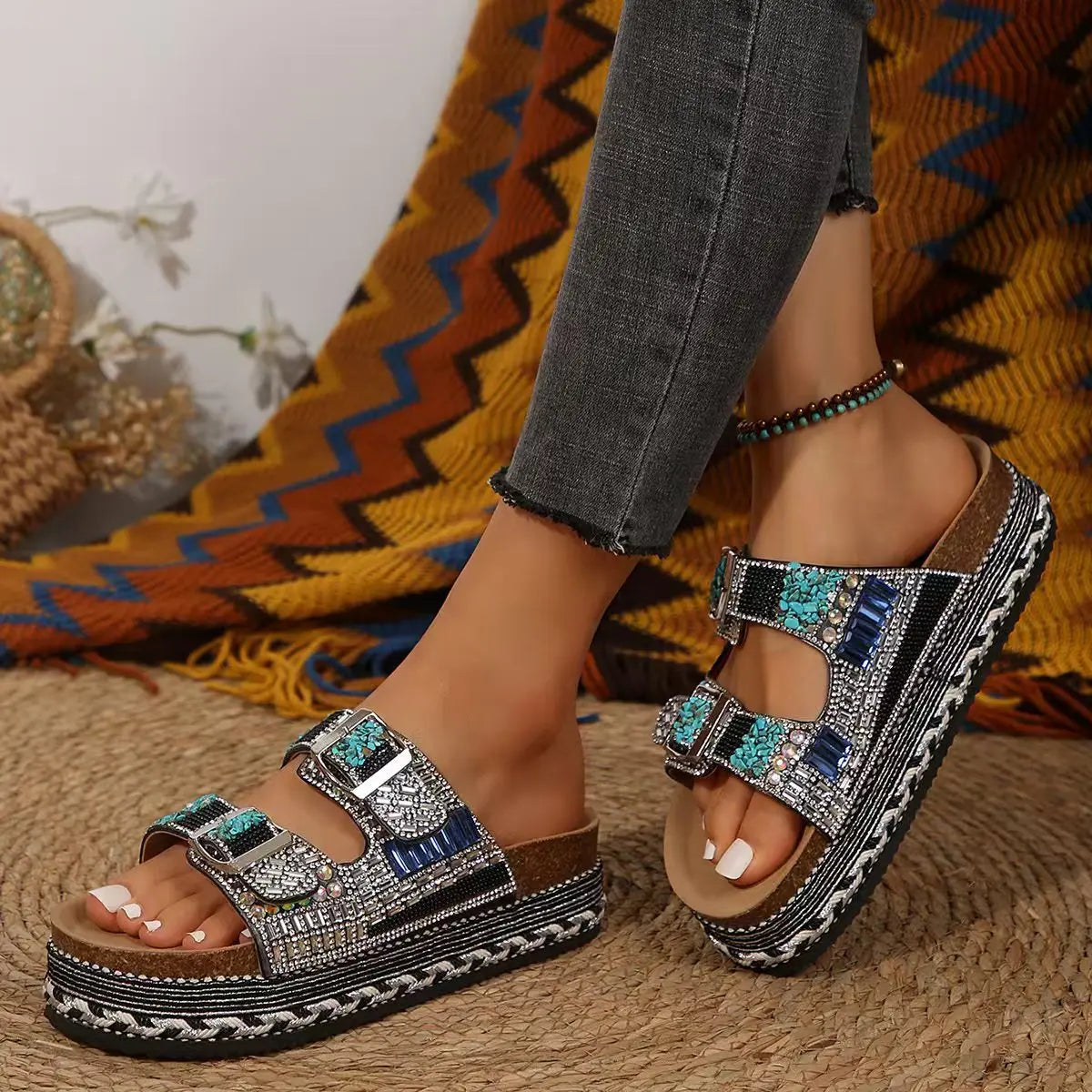 New Summer Flat Sandals Thick Bottom Hemp Rope Double Button Water Diamond Cork Beach Slippers Large Women's Slippers