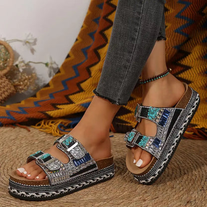 New Summer Flat Sandals Thick Bottom Hemp Rope Double Button Water Diamond Cork Beach Slippers Large Women's Slippers