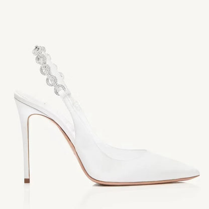 Grandes Chaussures Femme Sandales à Talons Hauts Taille 45 Bout Pointu Chaîne Strass Sangle Arrière Grandes Pointures Stiletto Slingback