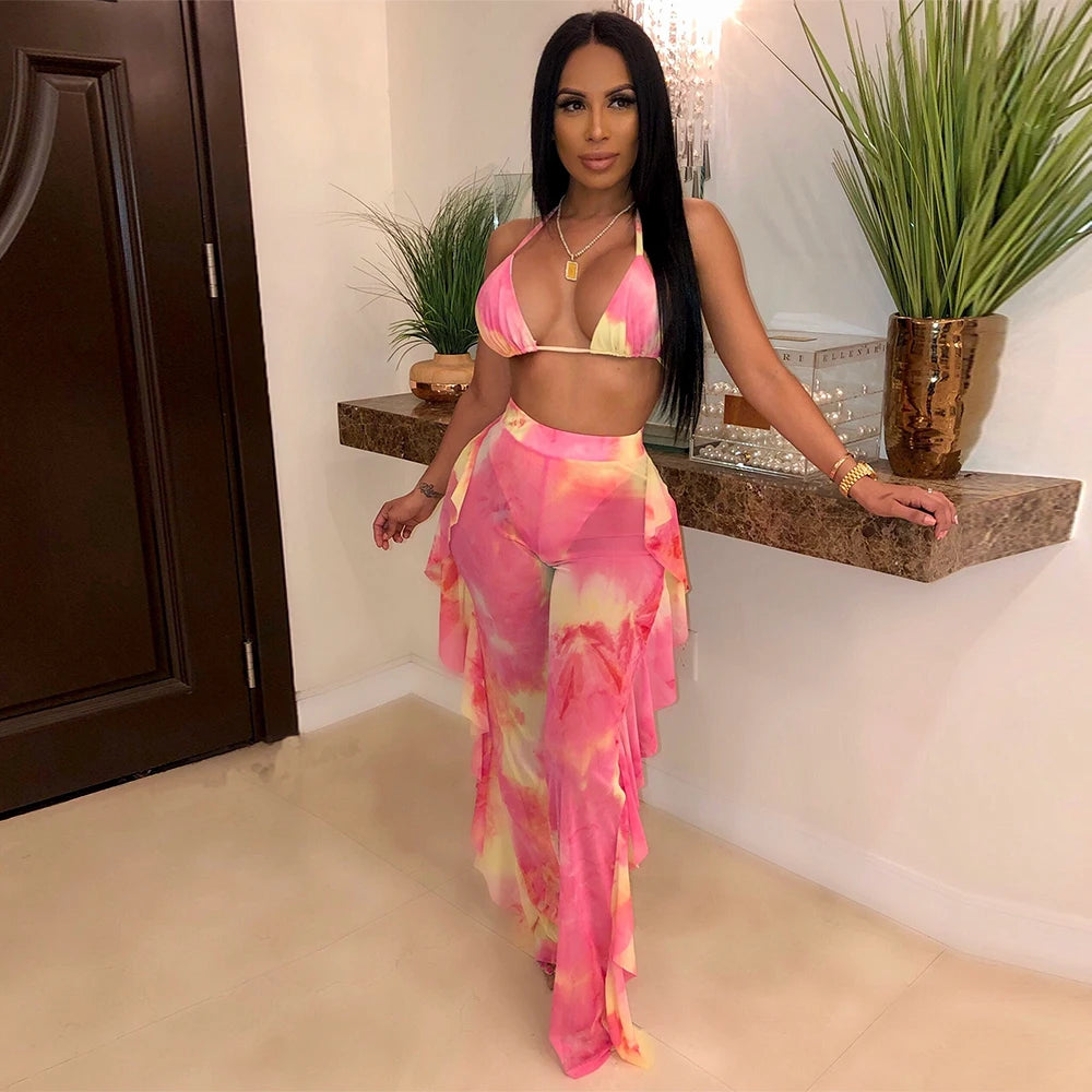 Prix usine en gros Nouveau maillot de bain d'été sexy pour femme avec bikini à volants, pantalon long ample, soutien-gorge à fines bretelles et ensemble deux pièces