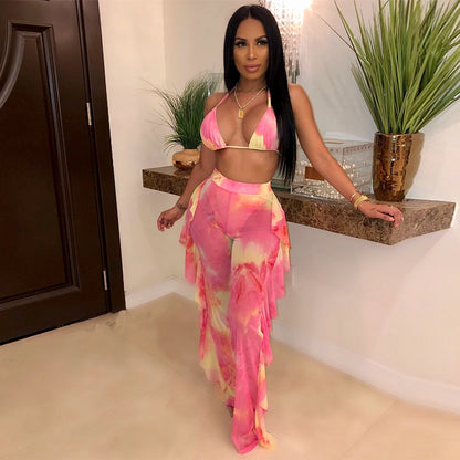 Prix usine en gros Nouveau maillot de bain d'été sexy pour femme avec bikini à volants, pantalon long ample, soutien-gorge à fines bretelles et ensemble deux pièces