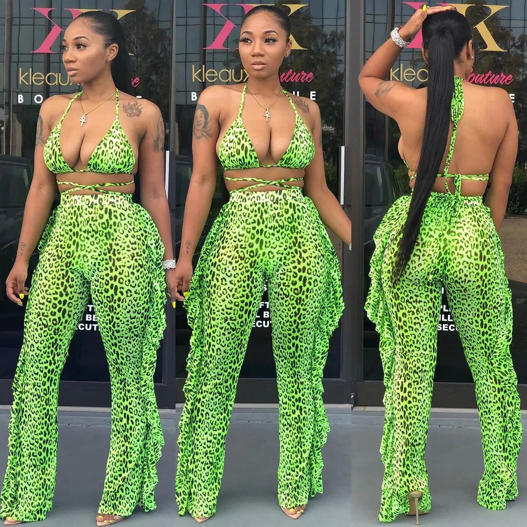 Summer Night Club Bikini Halter Sexy Swimsuits for Women 2Pcs Sheer Sexy 2025 Women Long Pant Bathing Suits