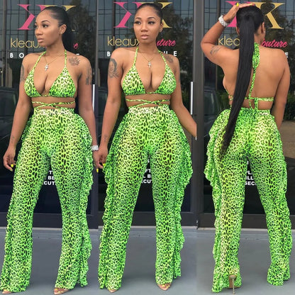 Summer Night Club Bikini Halter Sexy Swimsuits for Women 2Pcs Sheer Sexy 2025 Women Long Pant Bathing Suits