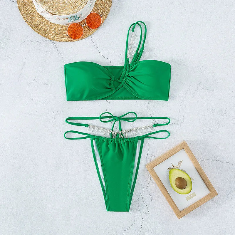 2023 Neue Badeanzüge Grün Strass Bademode Damen One Shoulder Sexy Bikini Bikinis & Strandmode OEM Digitaldruck Erwachsene Solid