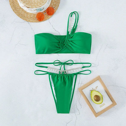 2023 Neue Badeanzüge Grün Strass Bademode Damen One Shoulder Sexy Bikini Bikinis & Strandmode OEM Digitaldruck Erwachsene Solid