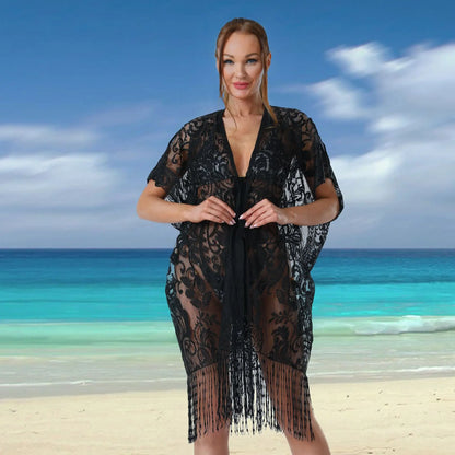 Seaside Resort Style Bikini V-Ausschnitt Cardigan Strandmode A-Linie Atmungsaktives transparentes Kleid Quaste Seaside Damen Spitzen-Cover-up-Kleider