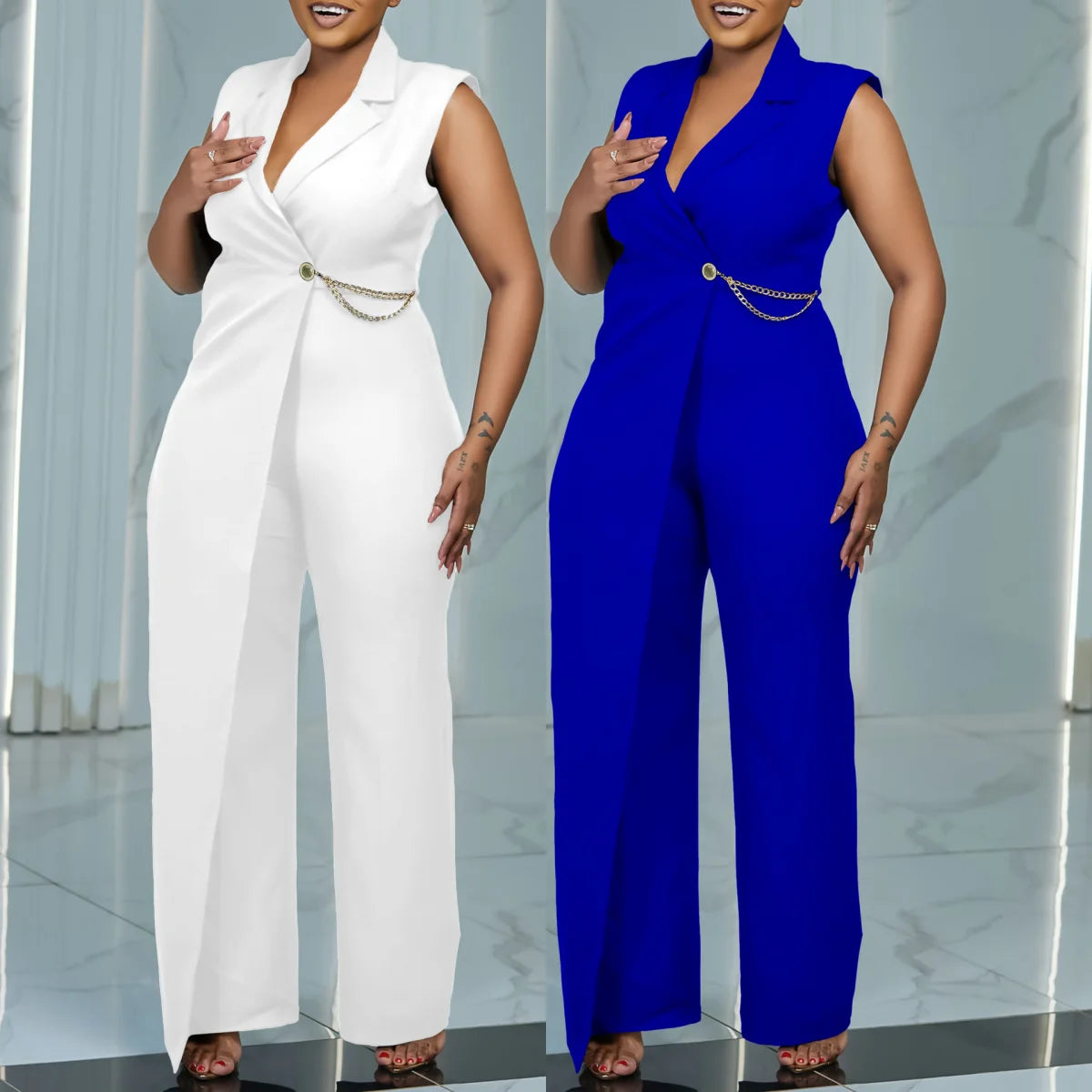 C8576 Combinaison d'été sans manches pour femme, col tailleur, élégante, unie, grande taille, style africain