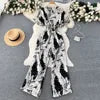 ANSZKTN Women's Summer Pant Set Short Sleeved Lattice Shirt Loose Wide-leg Trousers Printed High Waist Suit Jumpsuit