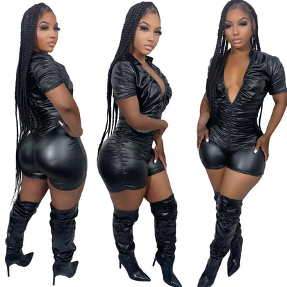 Combinaison courte décontractée sexy en cuir PU à col en V profond pour femme, nouveau design respirant avec décoration patchwork, idéale pour les fêtes