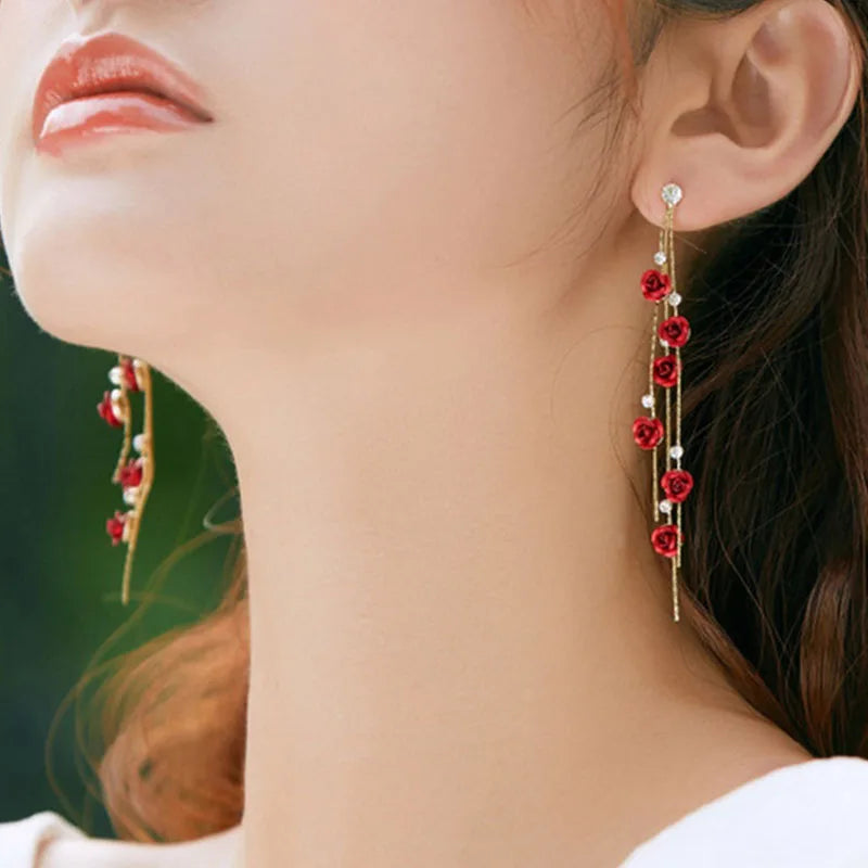 Nuovi gioielli di moda Orecchini pendenti con rosa rossa Donna Fiori con strass vintage Orecchini pendenti Matrimoni Gioielli per feste di fidanzamento