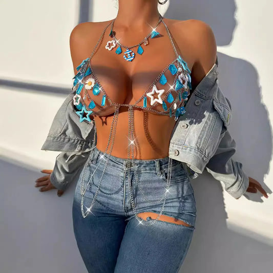 2025 Club Festival Outfit Jewelry New Acrylic Various Shaped Gem Hollow Bra Bikini Sling Waist Chain Women's Body Chain Camis