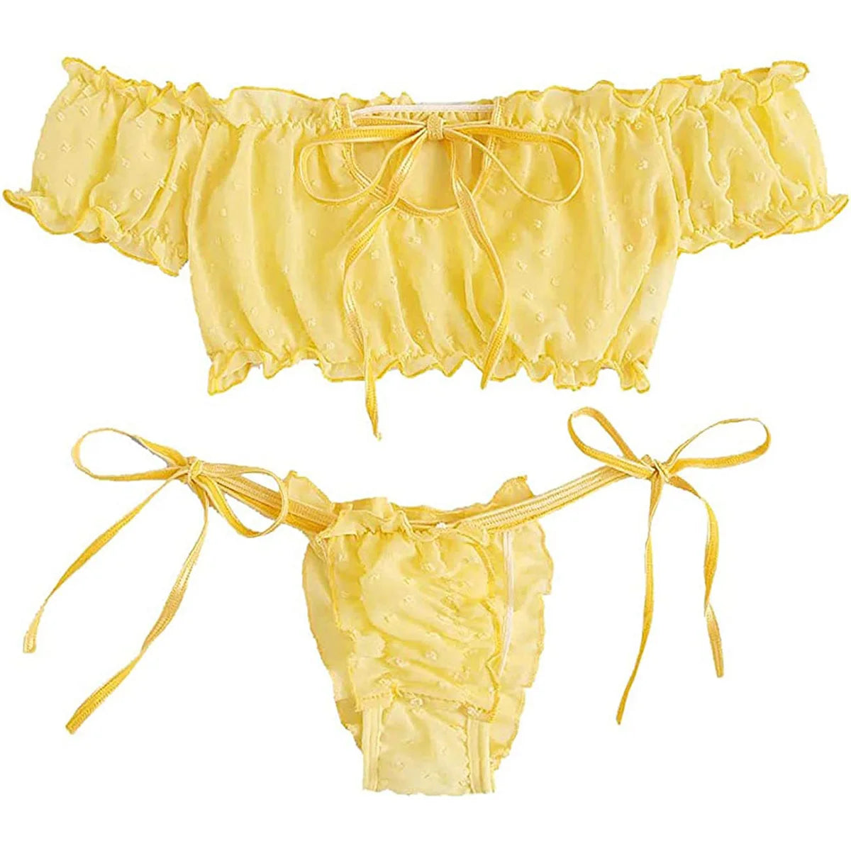 Damen Mädchen Süß Sexy Dessous Bikini Set Kurzarm schulterfrei Schnürung Zweiteiler Anzüge Badeanzüge Strandbekleidung Bademode