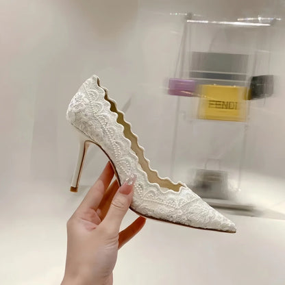 Bout pointu6CM/8CM/10CM Escarpins en dentelle pour femmes Sandales de mariage blanches Femme Talons hauts Sandales mode Talons hauts Chaussures femme