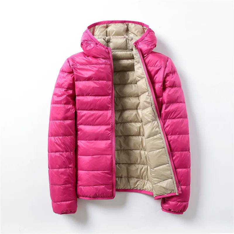 Piumino da donna bianco anatra 2021 nuovo piumino portatile con cappuccio Double face cappotto invernale da donna ultraleggero parka caldo