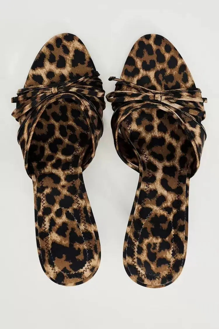 2025 Women's Leather Shoes with Leopard Print, Bowknot Design, Thin Stiletto Heels, Open Back, Round Toe, Open Toe Sandals