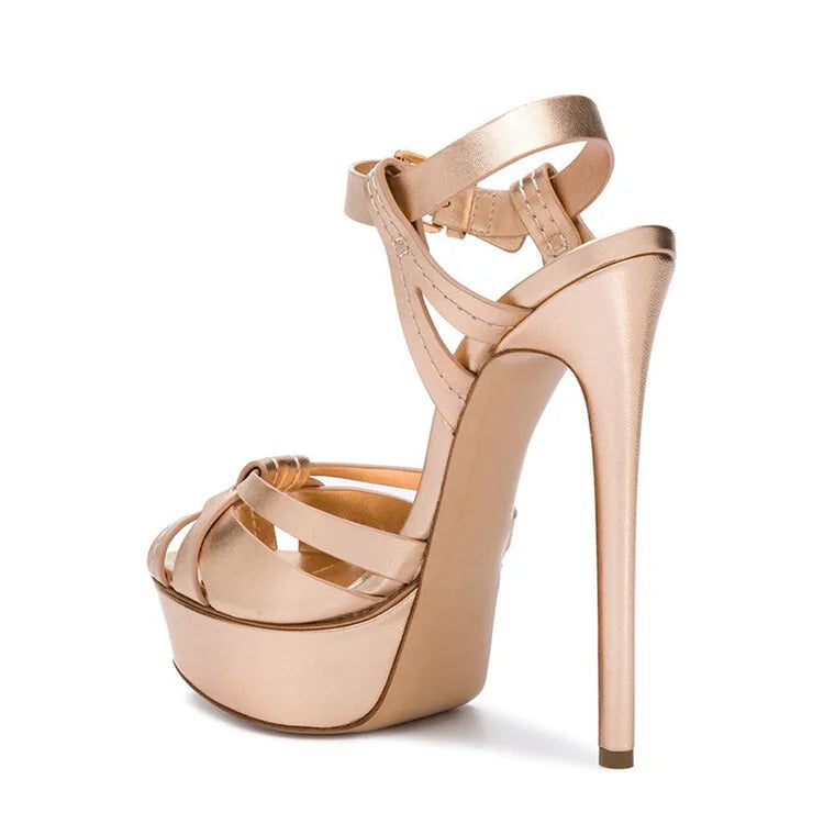 Ladies Crisscross Stiletto Heel Platform High Heels Gold PU Leather Ankle Strap Sexy Button Fashionable Summer Party Sandals