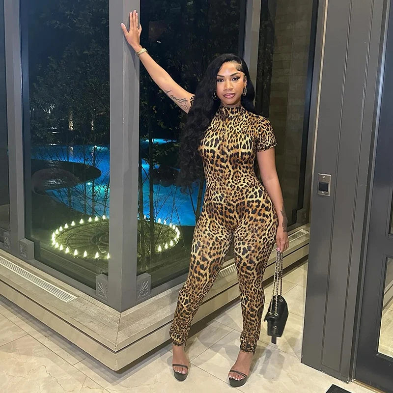 OUDINA Autumn and Winter Tight Short Sleeve Jumpsuit New Fashion Leopard Print Jumpsuits Backless Women Playsuits