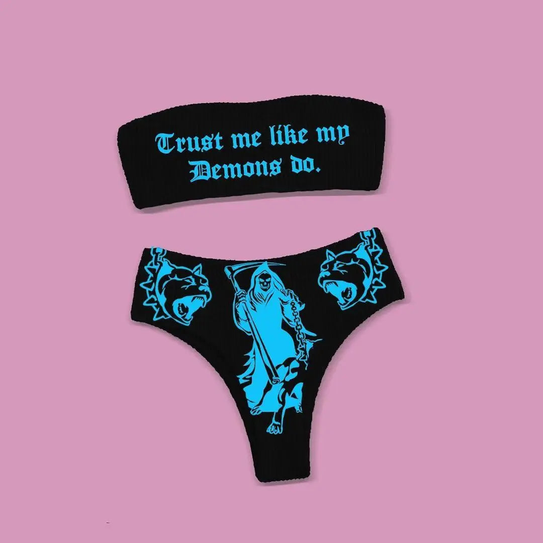 Ensemble bikini imprimé lettres gothiques punk, maillot de bain sexy 2023 pour femmes, motif tête de mort, col en V, maillot de bain tendance