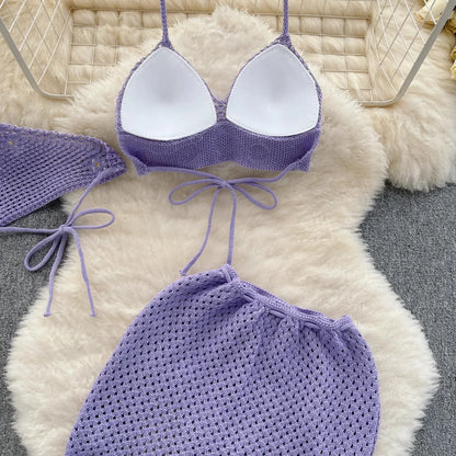Bikini Three Piece Set Knitted Strap Set Beach Resort Style Knit Strap Bikini