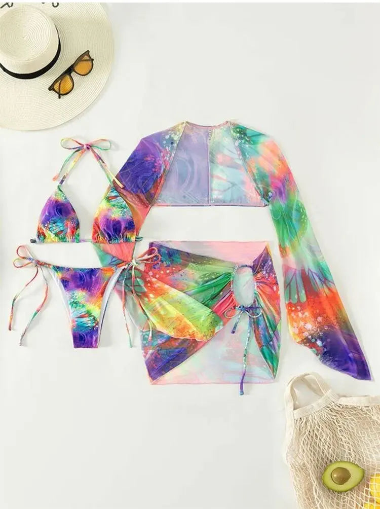 Großhandel Fabrik Maßgeschneiderte Label Damen Batik Bikini Bluse Bademode Strandmode Sexy Badeanzug 4-teilig