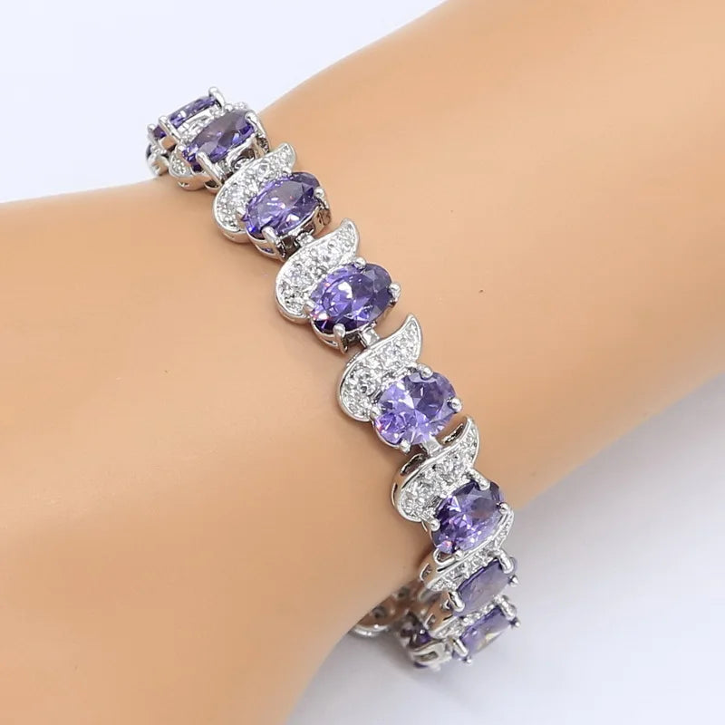 Parures de bijoux de Dubaï pour femmes, mariage, améthyste violette, collier, pendentif, boucles d'oreilles, bague, bracelet, coffret cadeau