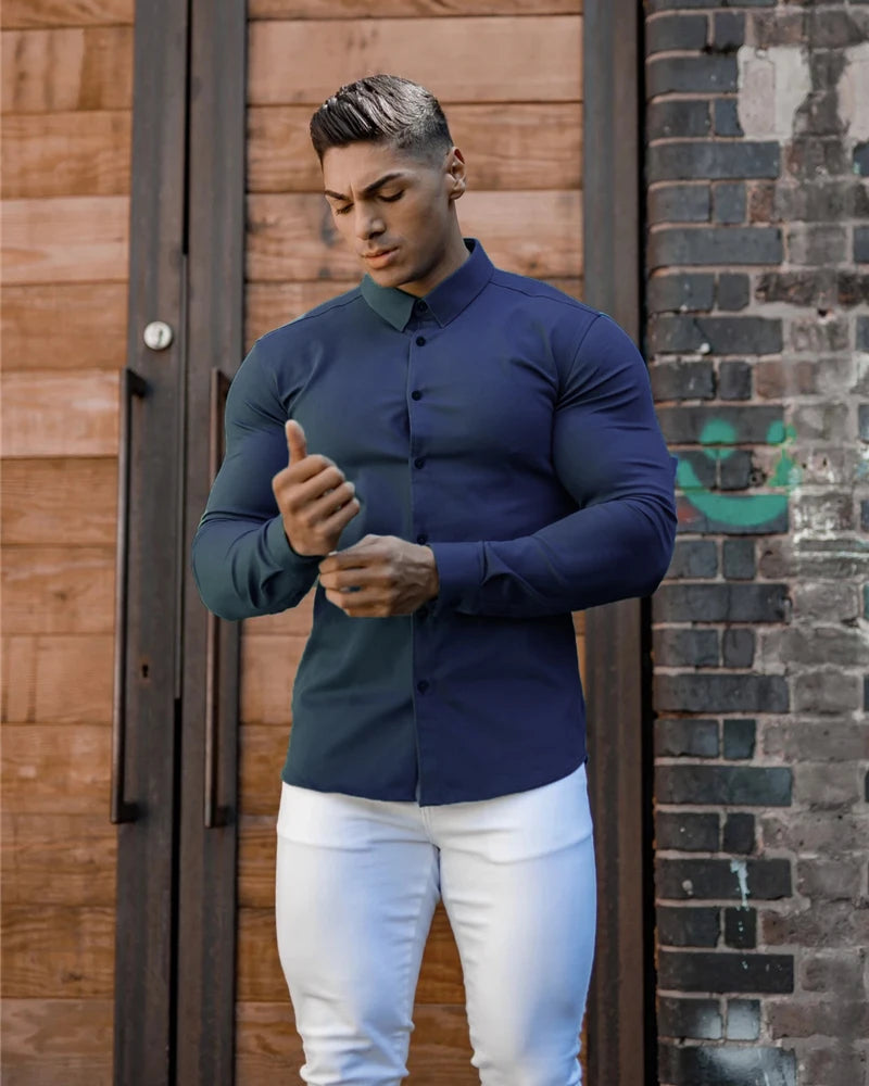 Camicia a maniche lunghe moda autunno uomo camicia super slim fit maschile casual da lavoro sociale camicia da uomo di marca abbigliamento sportivo fitness