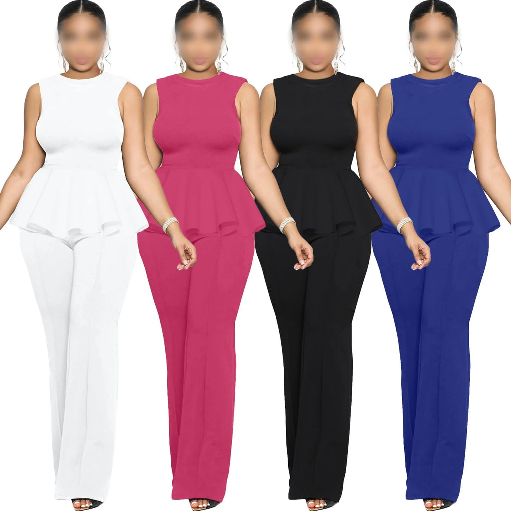 L394 Latest Design Summer Jumpsuit Women Lapel Collar Pocket Loose Waist Wide Leg Sleeveless Jumpsuit for Ladies