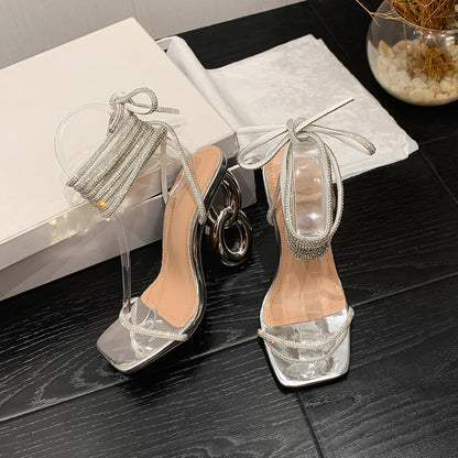 Hot Selling Latest Summer New Style Foot Loop Rhinestone Cross Tie Shaped High Heel Sandals in Stock