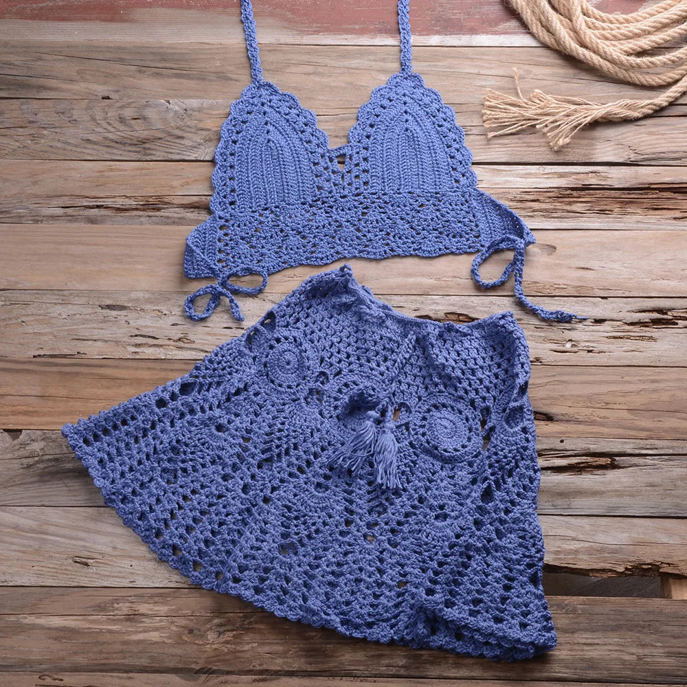 Custom Crochet Swimwear Women's Halter Top Tie Side Swimsuits 2 Piece Beachwear Set Beach Cover up Crochet Bikini